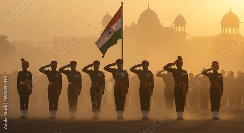 Soldiers salute Indian flag at sunrise, majestic palace backdrop.