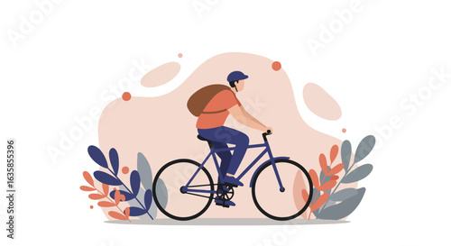 Cyclist rides on road near plants. Beige shapes in the background, good for website