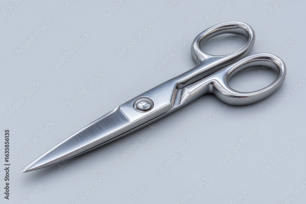 Obraz premium Gleaming stainless steel scissors laid open on a solid grey background