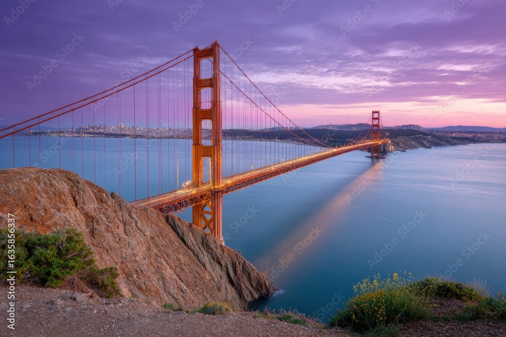 Fototapeta premium Golden Gate Bridge spans blue water under a pink and purple sunset sky with rocky cliffs in the foreground