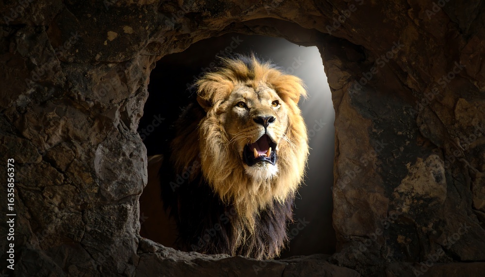 Naklejka premium Majestic lion emerging from cave