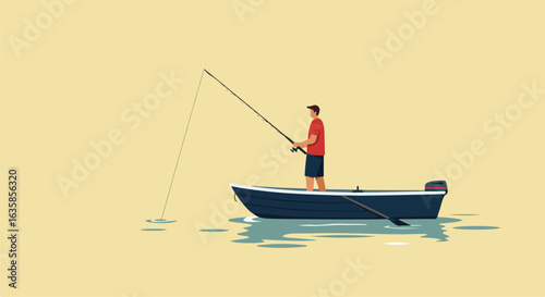 Man fishing in a rowboat on a lake with a motor, blank background, illustration