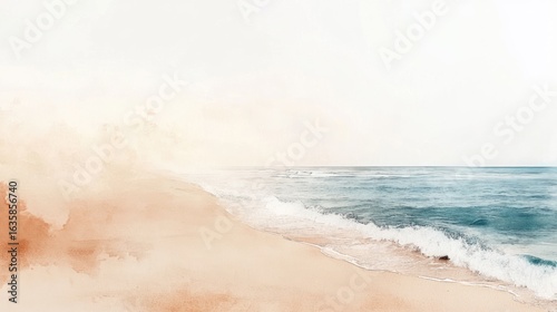 Pastel beach scene. Soft, muted colors blend a tranquil seascape. Light washes of peach and beige over sand and gentle waves.  Pale blue water meets a hazy, textured horizon