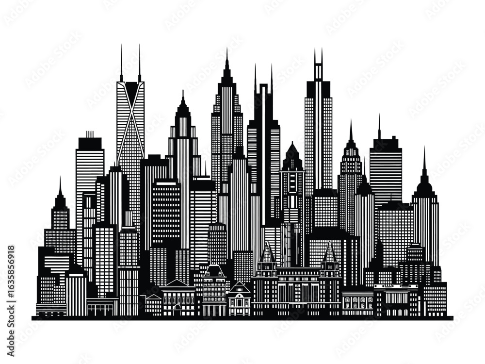 Obraz premium City Skyline: A detailed and monochrome illustration of a dense urban skyline showcasing towering skyscrapers and buildings, illustrating the dynamism of city life.