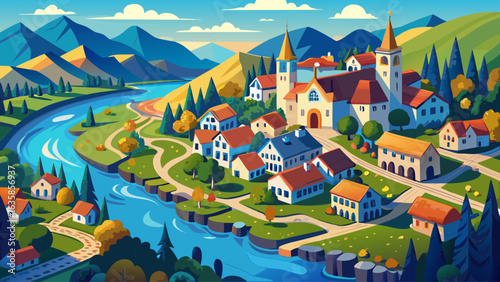 
very beautiful 
Aerial view. Small european village. Blue winding river.