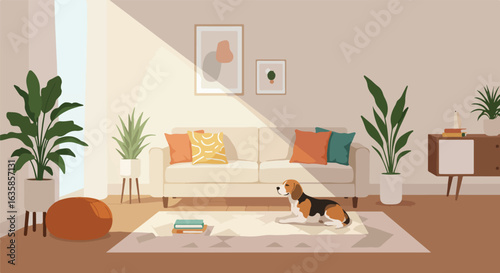 Dog relaxing on rug in bright sunny living room with couch, plants, art. Use interior design
