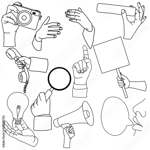 Illustration of human hands showing different gestures, cartoon style, black outline, transparent background
