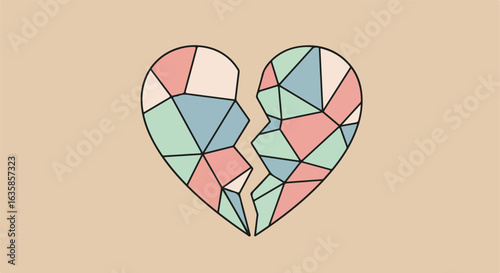 Polygonal heart breaking on tan background. Illustration of broken heart symbol
