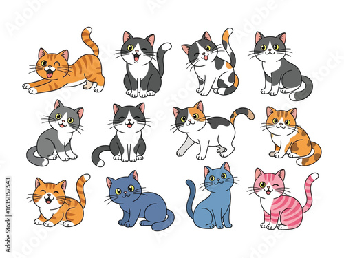 A Colorful Collection of Whimsical Cats: A delightful array of adorable cartoon cats, each with its own unique personality and charm, brings joy and playfulness to life.
