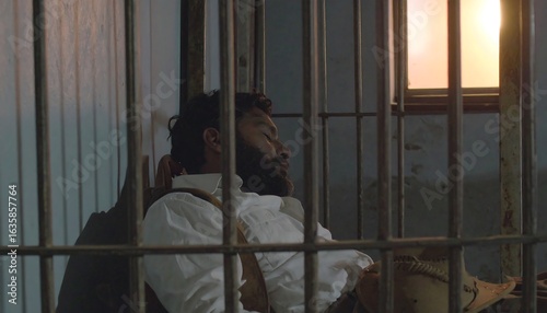 A man sleeps inside a jail cell