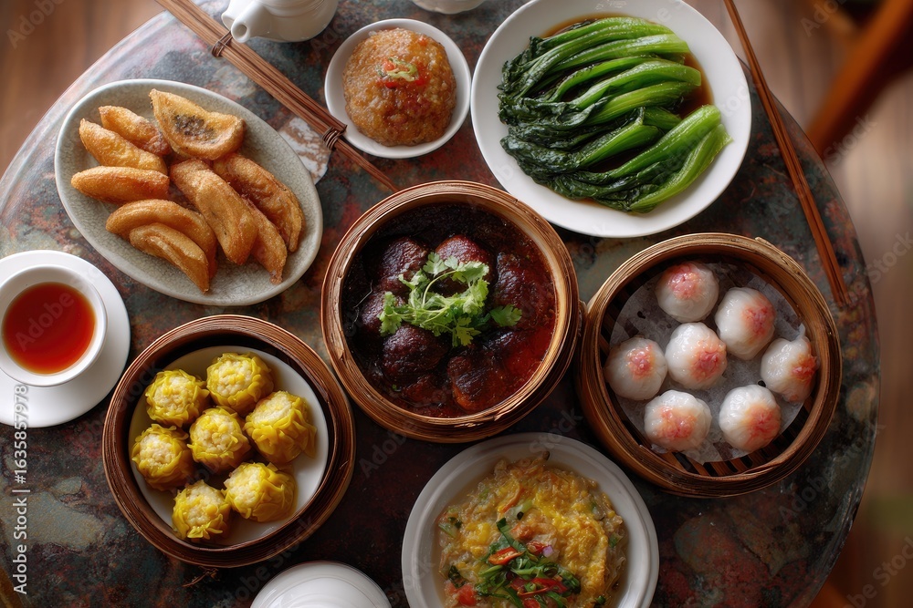 Overhead shot of a table with various dim sum dishes including dumplings greens and tea Overhead shot of a table with various dim sum dishes including dumplings greens and tea