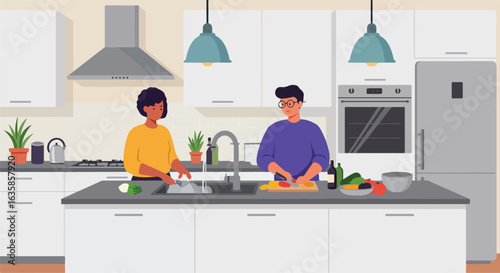 Couple prepares food in modern kitchen, washing, chopping. Dinner prep concept