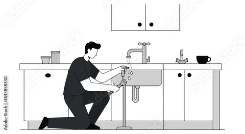 Plumber fixes leaky pipe with a wrench in the kitchen; sink and cabinets