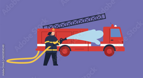 Firefighter spraying water from truck during an emergency in purple background