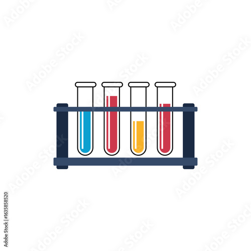 Four test tubes filled with blue, red, yellow, and red liquids are arranged in a dark blue rack.