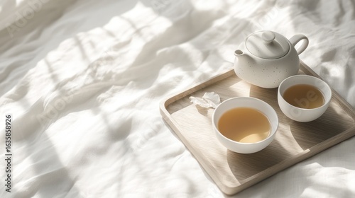 A wooden tray holding a tea set on a bed of white linen, bathed in sunlight