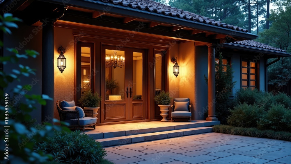 Fototapeta premium Exterior of a home at twilight with porch furniture and lighting.