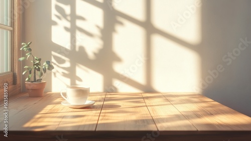 Sunlight streams through a window onto a wooden table, a cup of coffee sits on the surface, and a small plant sits in a terracotta pot