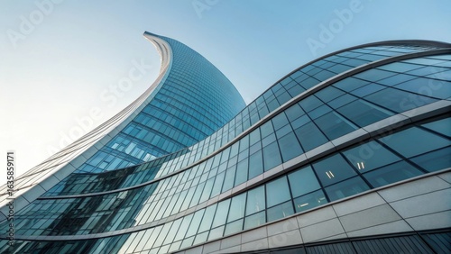 Modern glass building with curved facade reflecting the blue sky in the city