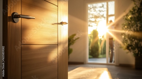 Sunlight streams through an open door, illuminating a home interior.  A man stands outside, bathed in golden light