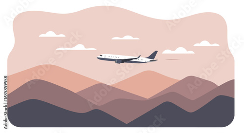 Plane Flying Over Mountains, Clouds in Sky; for Transportation or Travel