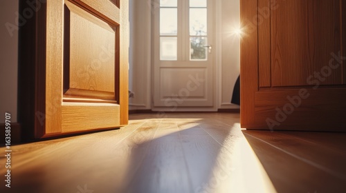 Sunlight streams through open doors onto a wooden floor