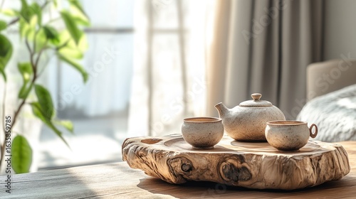 Light-filled room, wooden tray with tea set