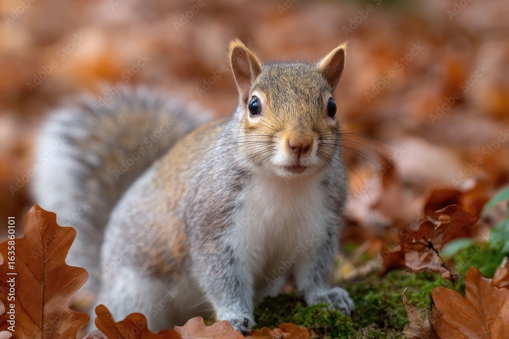 Obraz premium Squirrel amidst autumn leaves gray fur bushy tail and mossy ground
