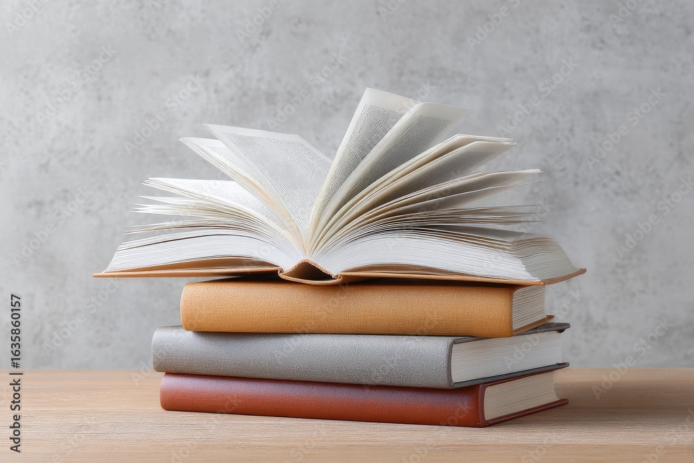 Obraz premium Stack of books with an open book on top showing pages against a neutral background