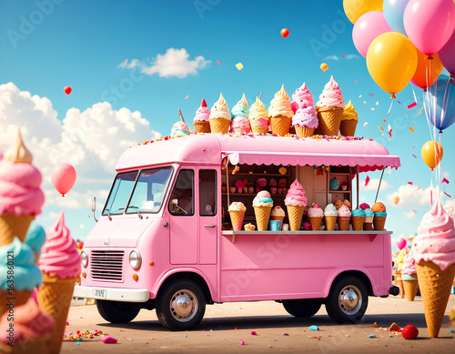 Charming pink ice cream truck with an open serving window displaying various frozen treats, adorned with colorful balloons and falling confetti against a vibrant gradient blue background