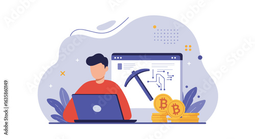 Man mining cryptocurrency on laptop with pickaxe graphics in background, for e-use