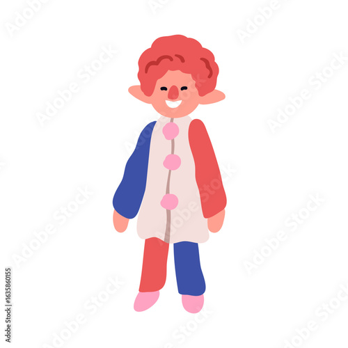 Happy clown toy with red nose, circus costume, cheerful smile. Plush stuffed puppet, dummy. Comic harlequin character in funny outfit, laughing. Flat vector illustration isolated on white background