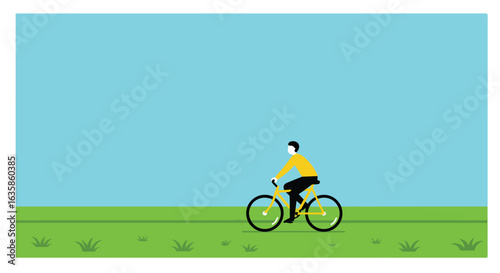 Person rides a bicycle on a grassy path with a bright blue sky, graphic style