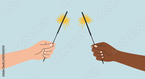 Hands Holding Sparklers on Light Blue Background for Celebration or Holiday Greeting