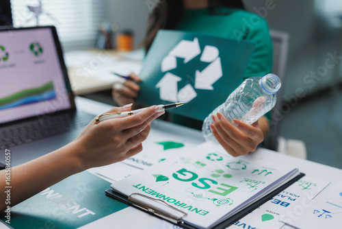 Businesswomen discussing plastic recycling and environmental, social, and governance - esg -