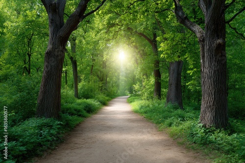 Sunlit path through a dense green forest with tall trees forming a natural archway