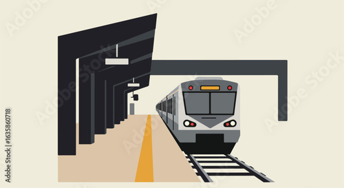 Train arrives to dark station platform, minimal design use for transport