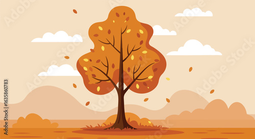 Fall tree losing leaves, clouds, and hills in the background for a flat vector graphic