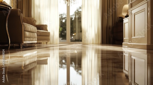 Luxury interior, polished marble floor, reflecting windows