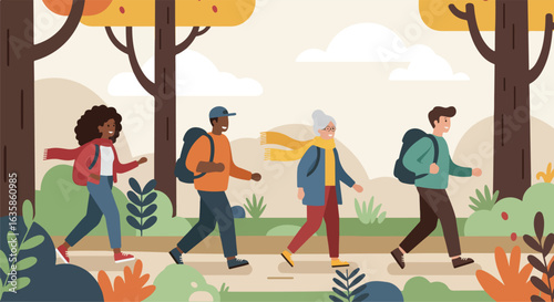 Group hiking in autumn forest trail, trees and sky, for promoting outdoor activity
