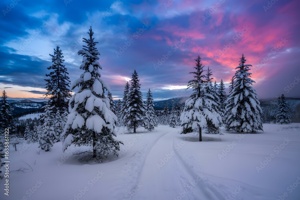 Fototapeta premium Snow-covered pine trees under a vibrant sunset sky creating a winter wonderland scene