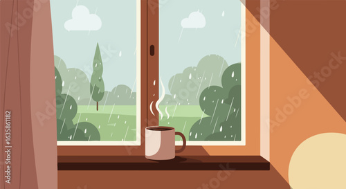 Beverage sits on the ledge indoors looking out, while it rains in the distance