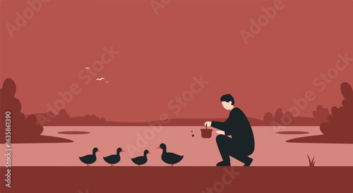 Person feeds ducks near a lake in the woods with birds flying in the distance