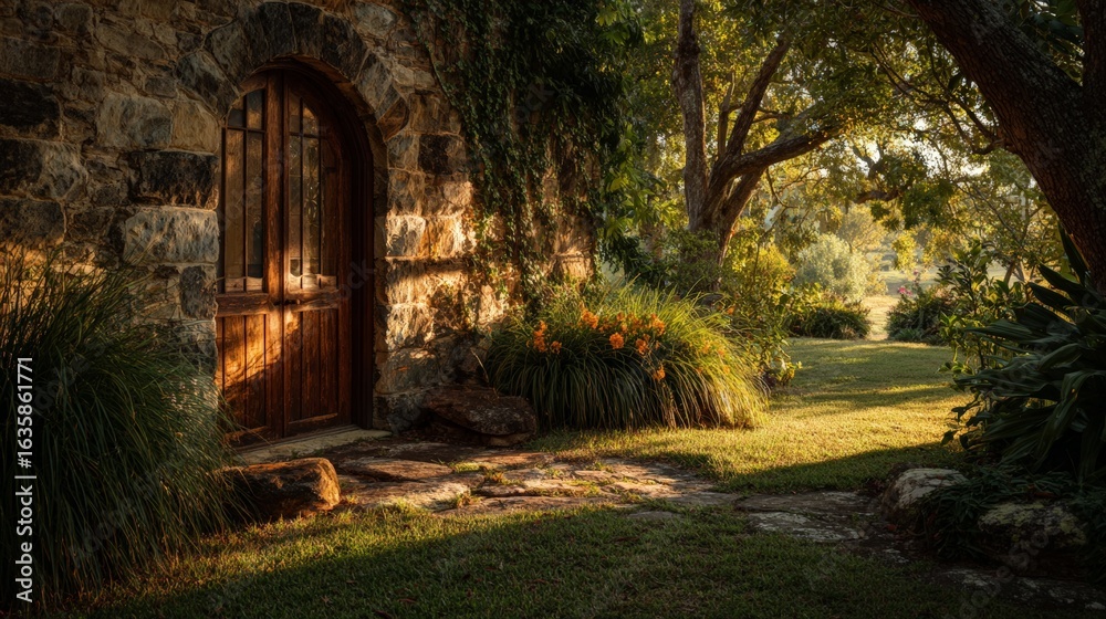 Fototapeta premium Charming stone cottage facade with wooden door and sunlit garden path at sunrise.