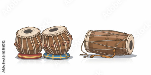 Vector illustration of tabla and dholak, traditional Indian percussion instruments, with clean line art and subtle gradients