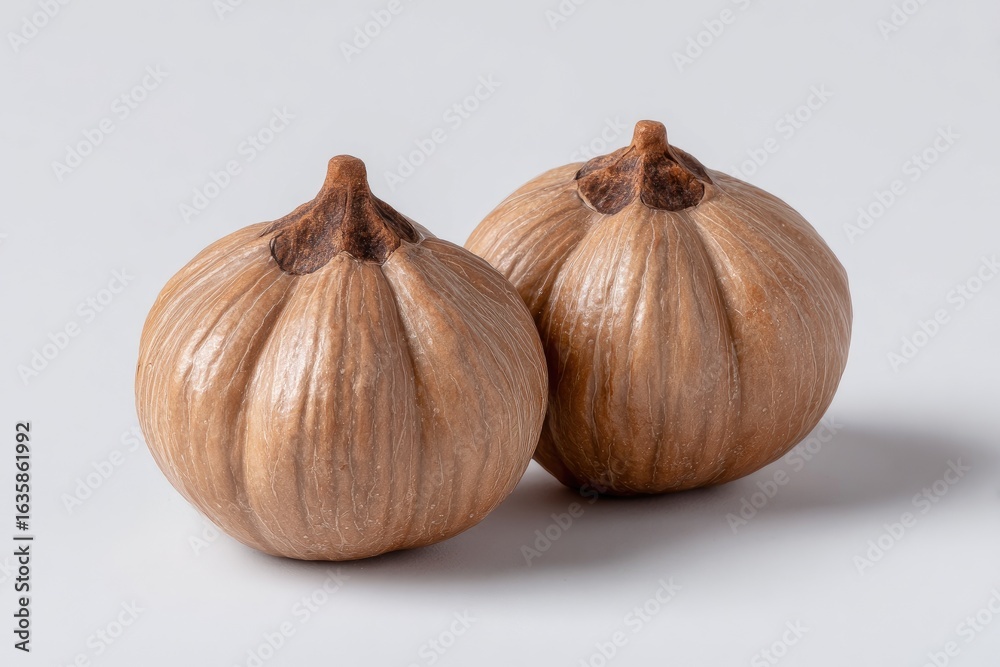 Obraz premium Two small tan gourds with ribbed surfaces rest on a white surface