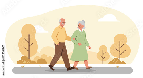 Elderly couple walks in park, supported; Trees, sky backdrop; ads, website