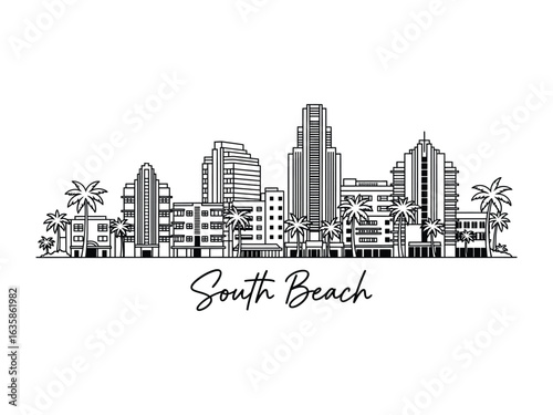 South Beach Skyline: A stylized depiction of South Beach's iconic architecture, rendered in clean lines and monochromatic tones, showcasing the vibrant essence of this renowned coastal destination.