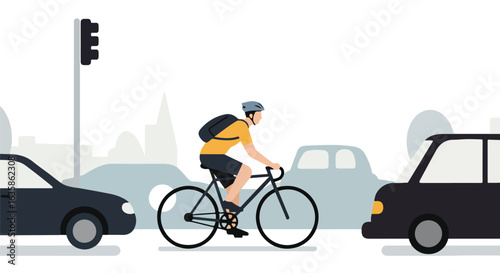 Cyclist rides along city street, traffic and buildings are behind. For web use