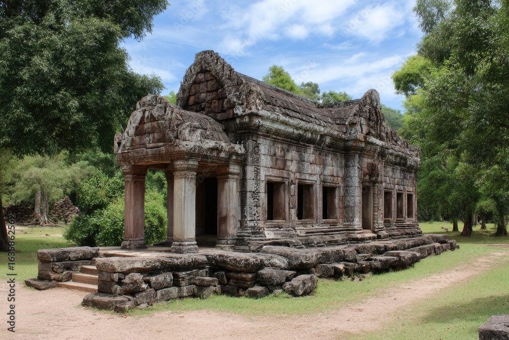 Fototapeta premium Weathered stone temple building with pillars pediment amidst trees under a partly cloudy sky